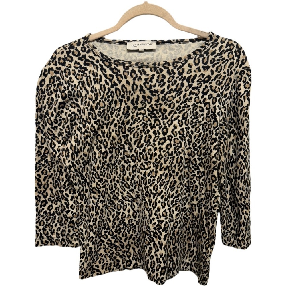 Jones New York Leopard Animal Print 100% Cotton Long Sleeve Top Women Large